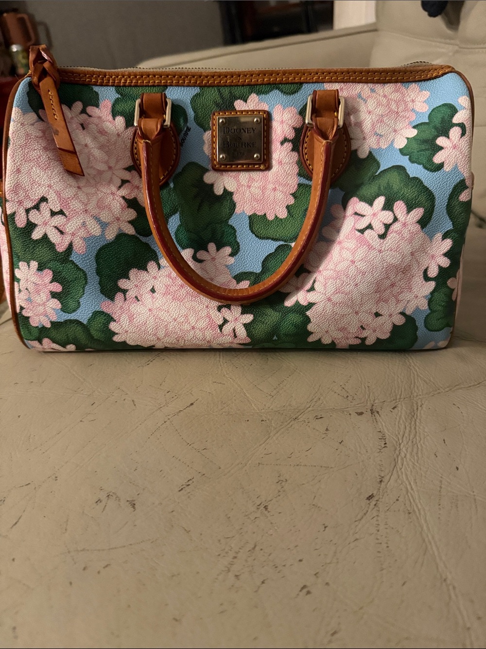 Dooney & Bourke Pink Floral Mini Satchel with Green Leaves on Blue